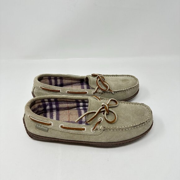 LL Bean Women's Handsewn Suede Flannel Lined Moccasin Peat Moss Slip On - Picture 3 of 12